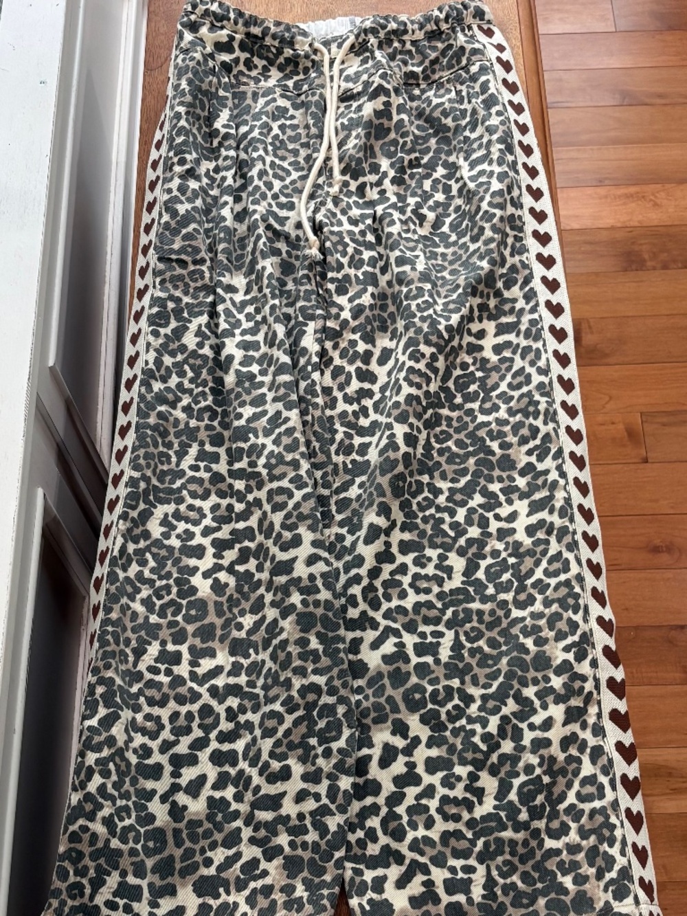 Vervet Leopard Print Straight-Leg Pants with Heart Trim